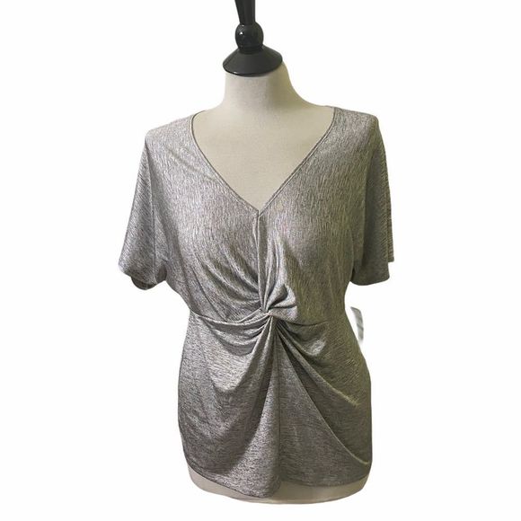 BAR III  Gray Tie Twist‎ Metallic Short Sleeve Shirt Top M/L - Picture 1 of 4